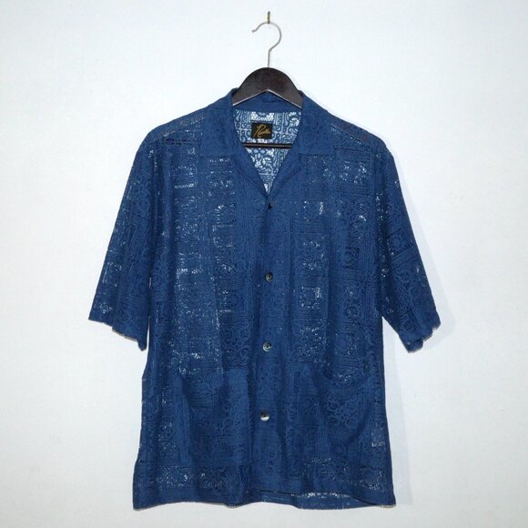 Needles Cabana Shirt Square Lace Cloth ButtonUp Blue Japan Nepenthes Large EUC - Picture 1 of 8